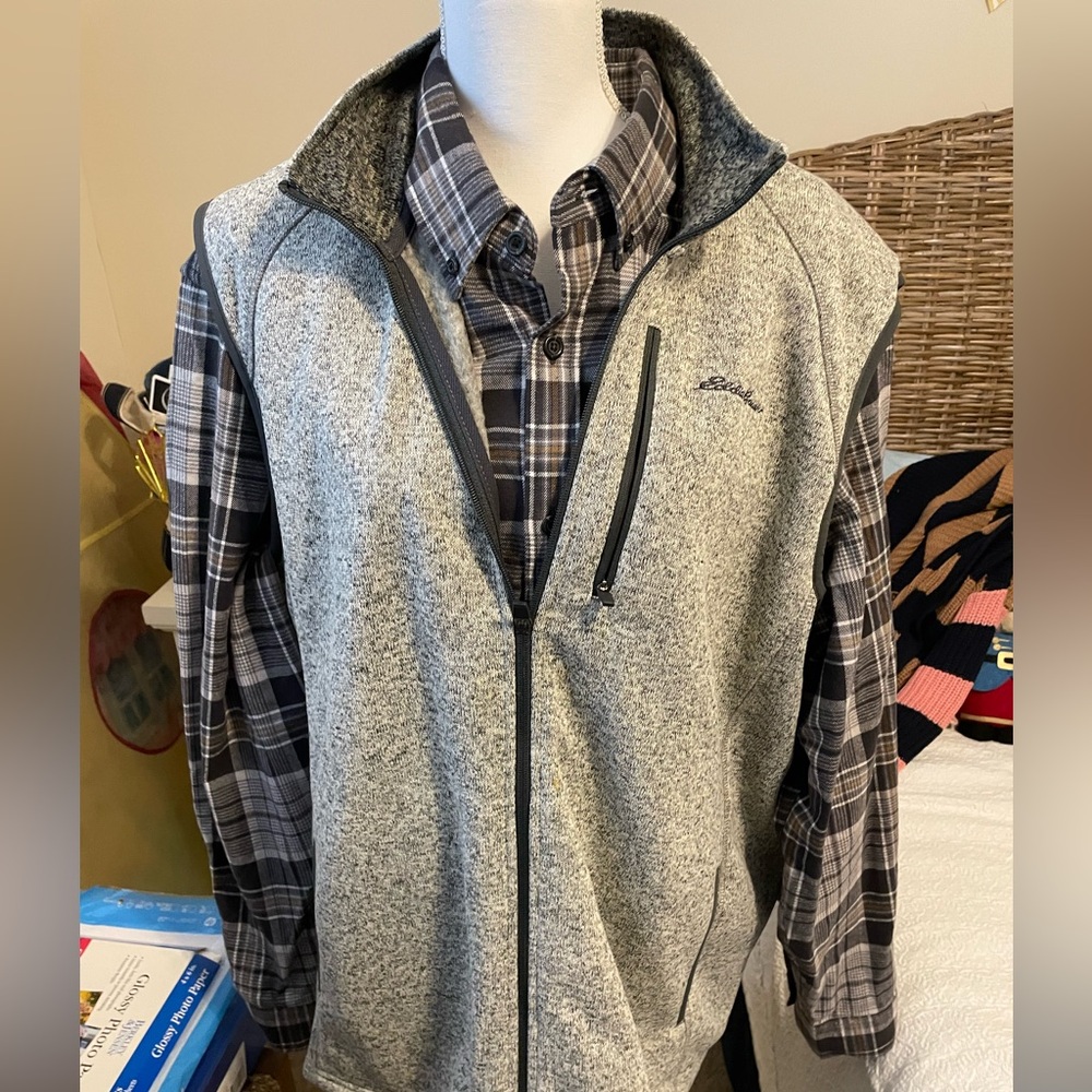 Eddie Bauer Gray Men's Sweater Vest and flannel shirt